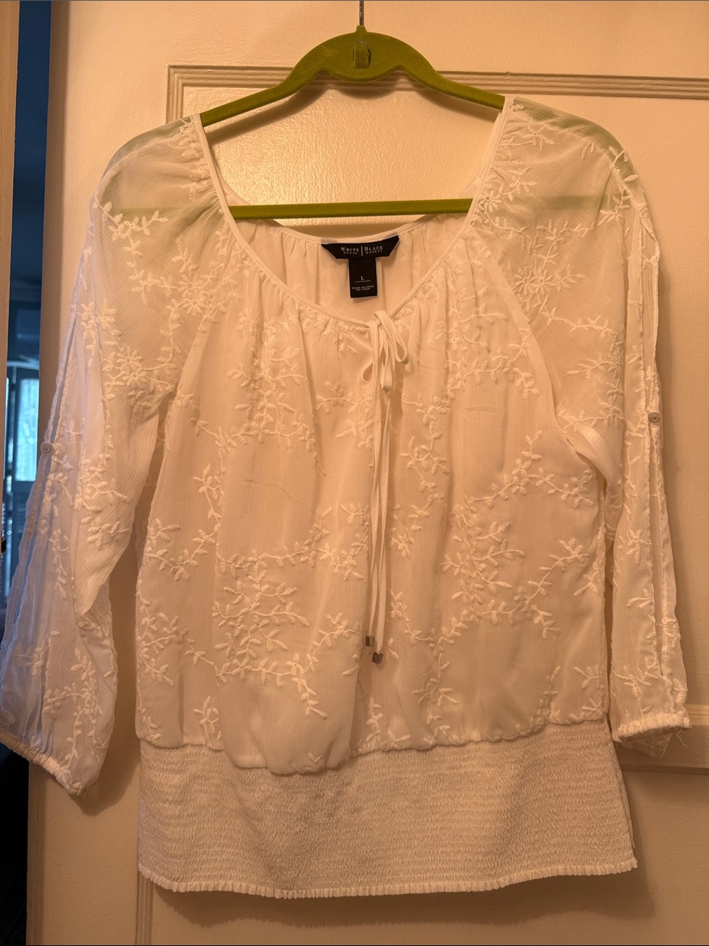 White House Black Market White Embroidered Tie-Neck Peasant Blouse